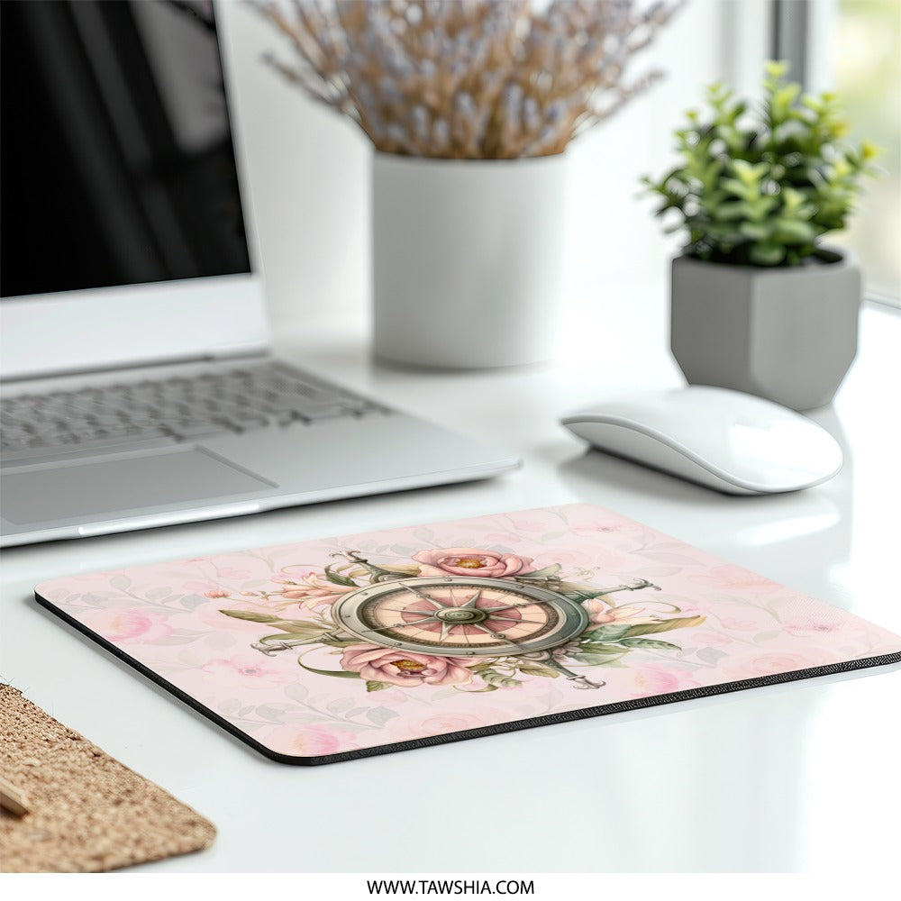 Compass Rose Mouse Pad, Floral Mousepad, Pink Flower Mouse Pad, Office Decor, Gaming Mousepad, Gift for Her - Tawshia