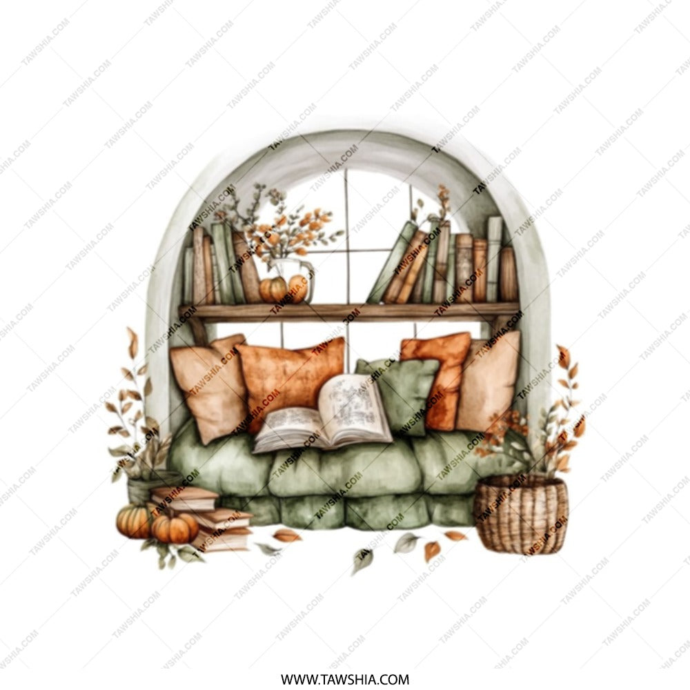 Bookshelf Tote Bag, Reading Nook, Cozy Tote, Book Lover Gift, Fall Decor, Autumn Tote, Window Seat, Home Decor Bag, Literary Gift - Tawshia
