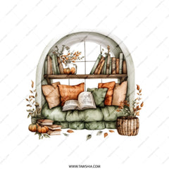Bookshelf Tote Bag, Reading Nook, Cozy Tote, Book Lover Gift, Fall Decor, Autumn Tote, Window Seat, Home Decor Bag, Literary Gift - Tawshia