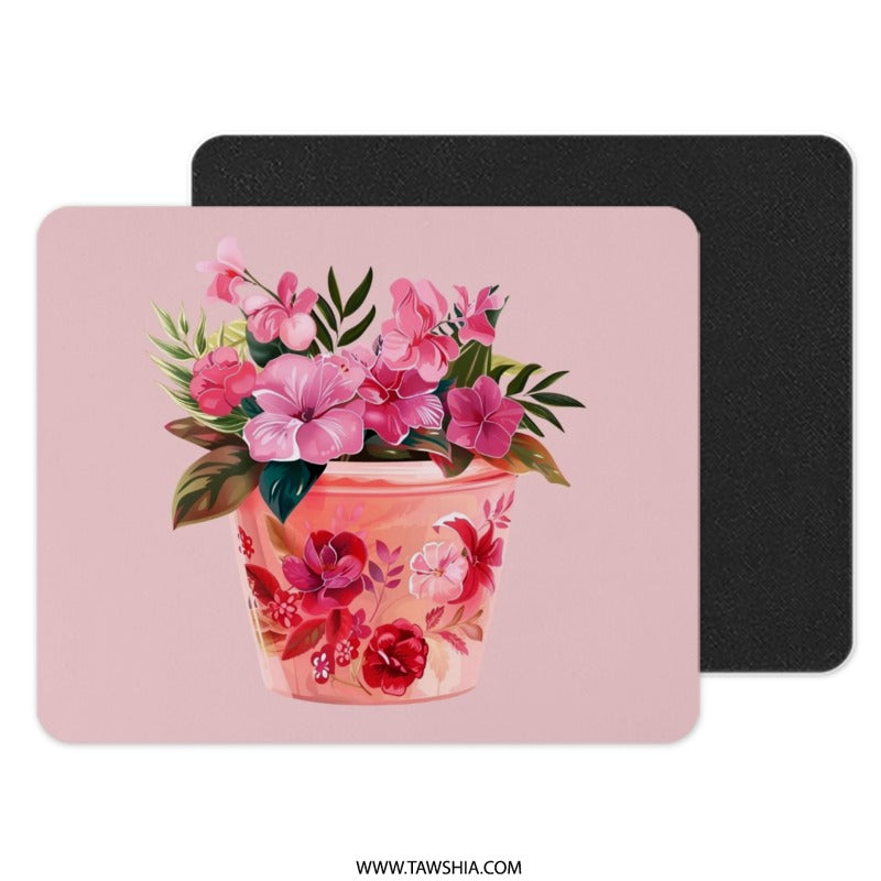 Pink Floral Mouse Pad, Cute Flower Pot Mousepad, Botanical Desk Decor, Artistic Workspace Accessory, Gift for Her, Pretty Mouse Pad - Tawshia