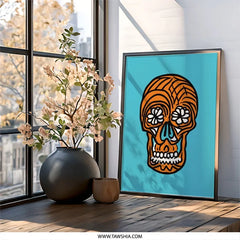 Orange Sugar Skull Wall Art, Dia de los Muertos Decor, Calavera Art Print, Mexican Folk Art, Halloween Decoration, Day of the Dead - Tawshia