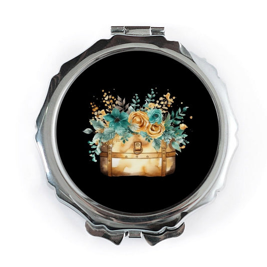 Floral Trunk Pocket Mirror, Flower Bouquet Makeup Mirror, Vintage Luggage Compact Mirror, Travel Gift, Purse Mirror - Tawshia