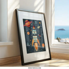 Rocket in Space Wall Art, Kids Room Decor, Outer Space Theme, Nursery Wall Art, Galaxy Art Print, Space Exploration Art, Cosmic Decor - Tawshia