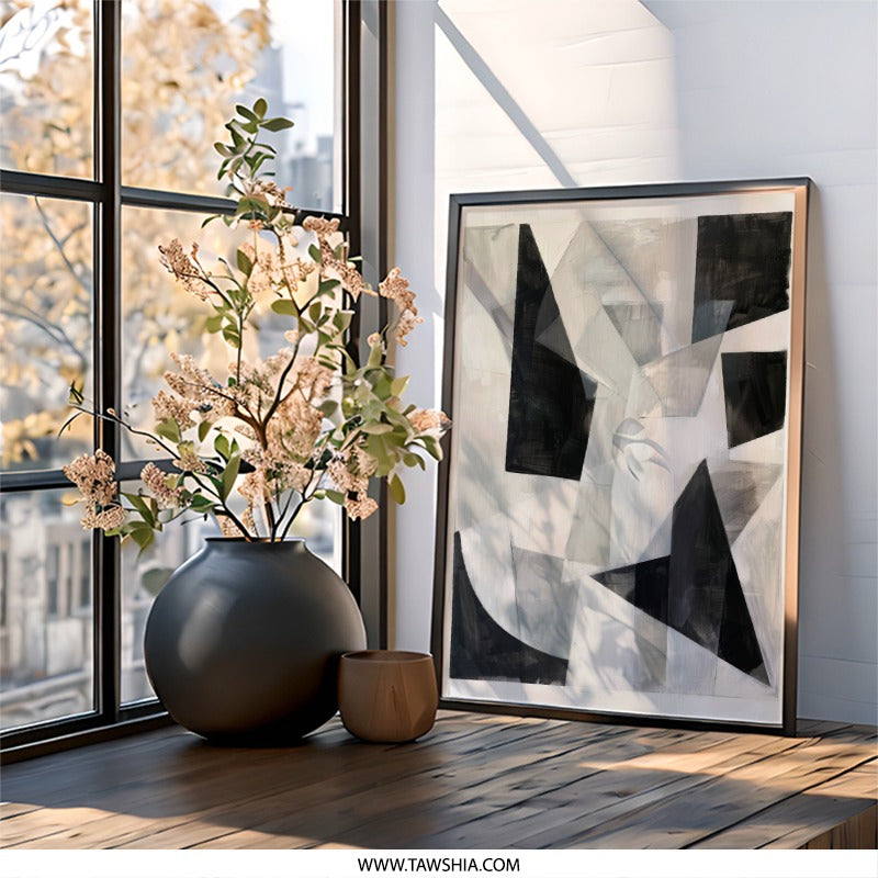 Abstract Geometric Wall Art, Modern Art Print, Black and White Painting, Contemporary Home Decor, Minimalist Art, Framed Art - Tawshia