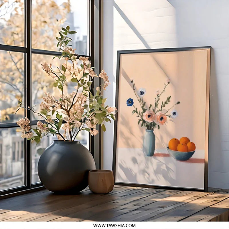 Floral Wall Art, Still Life Print, Orange Fruit Art, Vase of Flowers Poster, Modern Home Decor, Kitchen Wall Art, Botanical Art Print - Tawshia