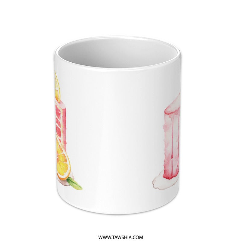 Cake Slice Mug, Pink Drip Cake, Lemon Fruit Mug, Dessert Lover Gift, Watercolor Art Mug, Coffee Mug, Tea Cup, Kitchen Decor - Tawshia
