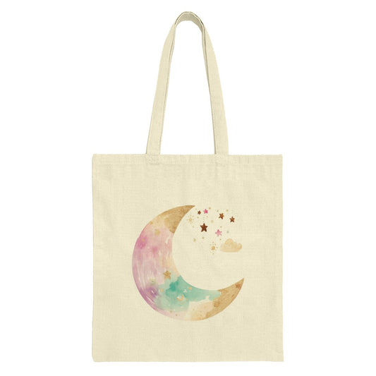 Watercolor Moon Tote Bag, Celestial Stars Gift, Crescent Moon Shopping Bag, Pastel Tote, Everyday Bag, Gift for Her, Astronomy Bag - Tawshia