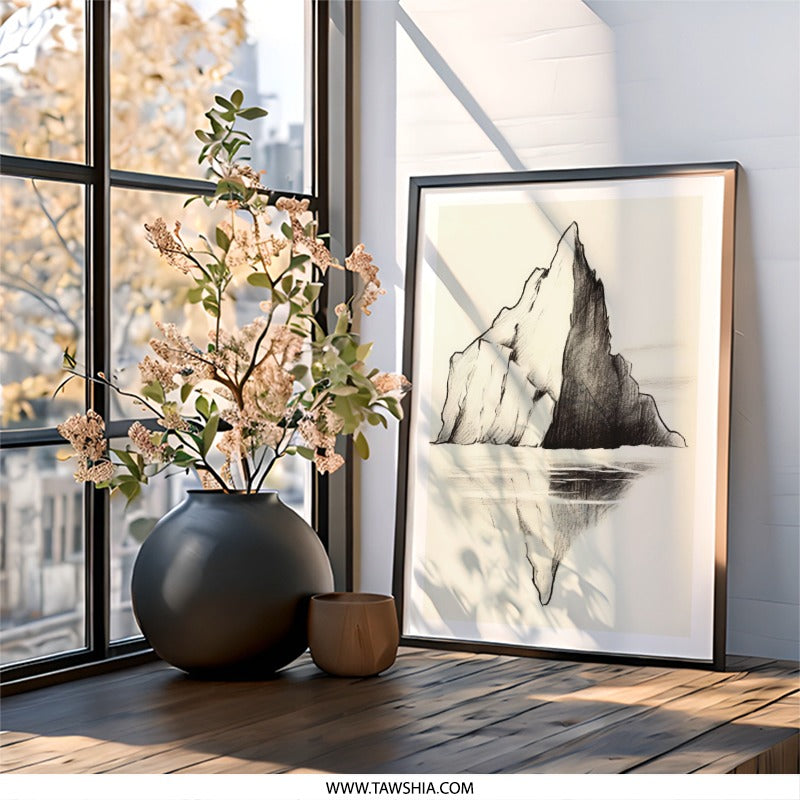 Iceberg Wall Art, Pencil Sketch Print, Mountain Reflection Art, Nature Wall Decor, Minimalist Drawing, Modern Home Decor, Unique Wall Art - Tawshia