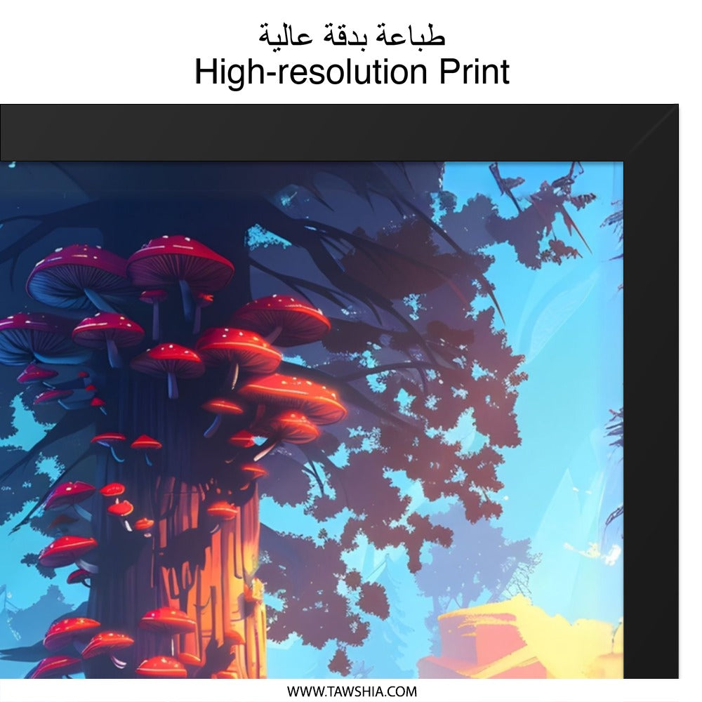 Enchanted Forest Wall Art, Mushroom Tree Print, Fantasy Landscape Decor, Whimsical Artwork, Unique Home Decor - Tawshia