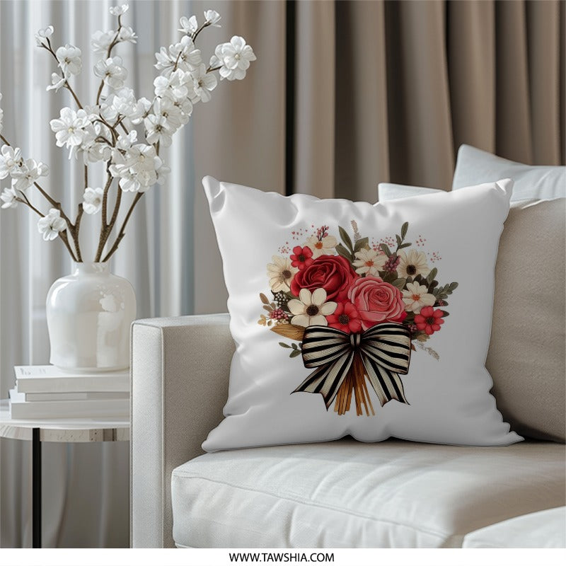 Floral Bouquet Pillow, Roses and Daisies, Striped Bow Decor, Flower Arrangement Throw Pillow, Home Decor Gift, Accent Pillow - Tawshia