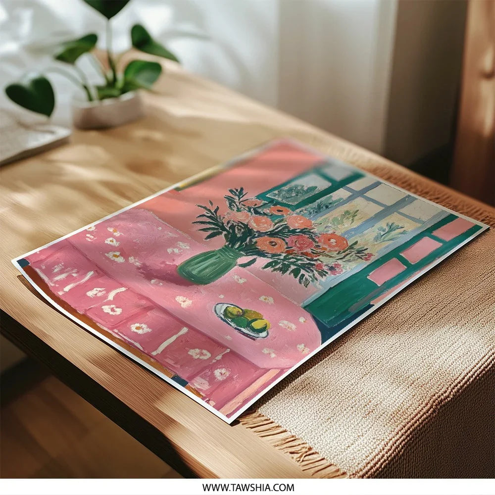 Floral Photographic Prints, Still Life Art, Home Decor, Flower Bouquet, Table Setting, Window View, Cozy Interior, Pink Room Print - Tawshia