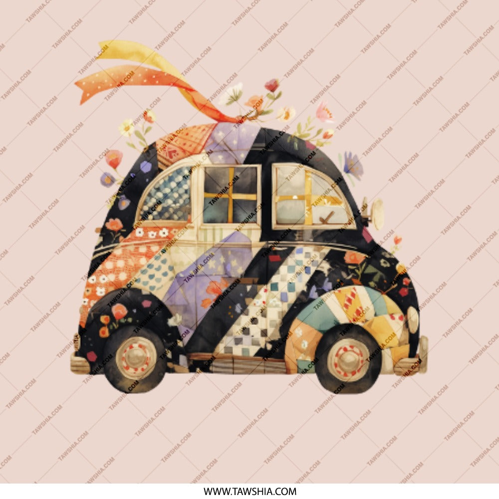 Quilted Car Pinback, Cute Car Badge, Floral Car Button, Retro Car Pin, Unique Car Pinback, Car Lover Gift, Colorful Patchwork Car Pinback - Tawshia
