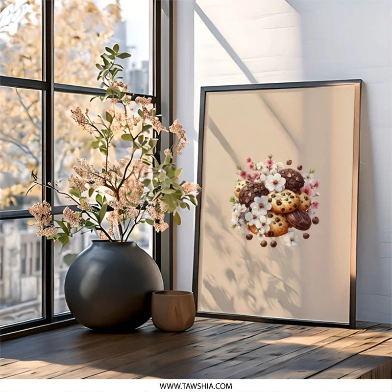 Cookies Framed Wall Art, Dessert Decor, Food Art Print, Floral Kitchen Art, Chocolate Chip Cookie, Cute Wall Decor, Bakery Art, Yummy Art - Tawshia