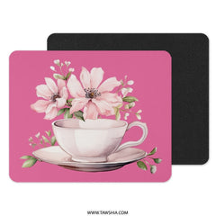 Floral Mouse Pad, Pink Flowers, Tea Cup Design, Computer Accessory, Desk Decor, Cute Mousepad, Gift Idea, Stylish Mousepad (131) - Tawshia