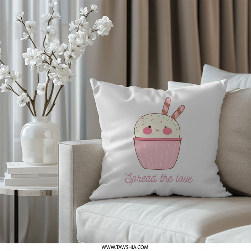 Cute Cupcake Pillow, Kawaii Dessert Throw Pillow, Spread the Love Decor, Whimsical Home Accent, Sweet Treat Cushion, Pastel Nursery Pillow - Tawshia