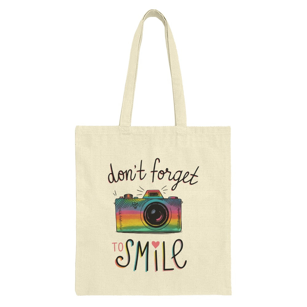 Dont Forget To Smile Tote Bag, Colorful Camera Design, Positive Vibes, Daily Reminder Bag, Gift for Photographers, Trendy Canvas Tote - Tawshia