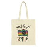 Dont Forget To Smile Tote Bag, Colorful Camera Design, Positive Vibes, Daily Reminder Bag, Gift for Photographers, Trendy Canvas Tote - Tawshia