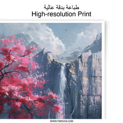 Waterfall Photographic Print, Cherry Blossom Tree Art, Asian Landscape Photography, Nature Wall Decor, Japanese Scenery Print - Tawshia