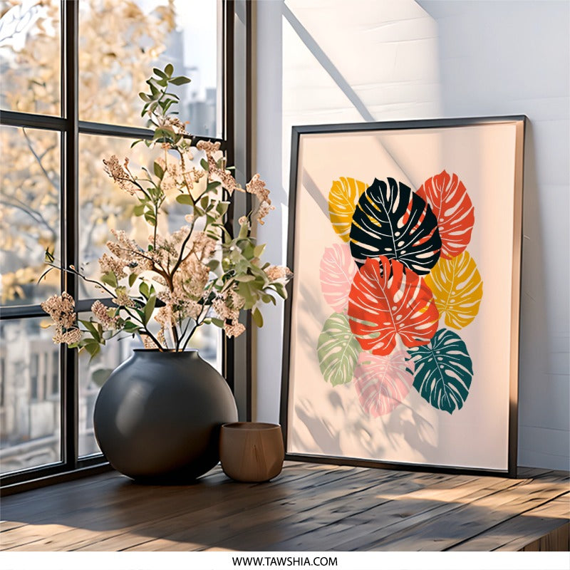 Monstera Leaf Wall Art, Tropical Leaves Print, Colorful Botanical Decor, Modern Home Art, Framed Art Print - Tawshia