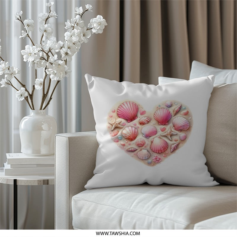 Seashell Heart Pillow, Beach House Decor, Coastal Throw Pillow, Ocean Lover Gift, Nautical Home Decor, Beach Theme Pillow - Tawshia