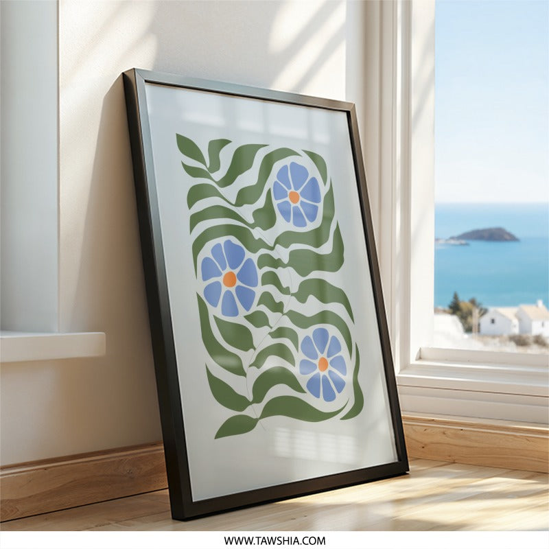 Blue Flower Wall Art, Floral Print, Abstract Botanical Art, Modern Home Decor, Minimalist Art, Flower Power Art Print - Tawshia