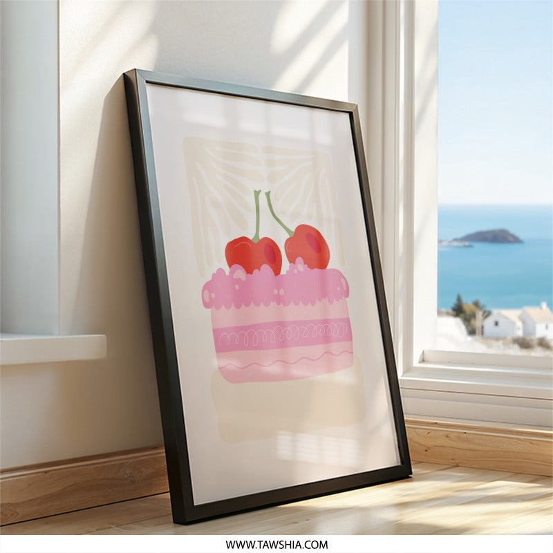 Cherry Cake Wall Art, Foodie Print, Kitchen Decor, Dessert Illustration, Modern Home Art, Sweet Treat Art, Playful Artwork - Tawshia