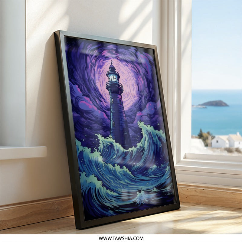 Lighthouse Wall Art, Ocean Wave Print, Purple Sky Decor, Coastal Art Print, Nautical Wall Decor, Stormy Sea Art, Dramatic Art - Tawshia