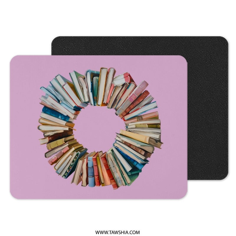 Book Lover Mouse Pad, Book Wreath Desk Mat, Reader Gift, Librarian Gift, Home Office Decor, Office Accessories, Book Circle Mousepad - Tawshia