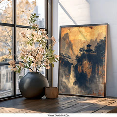 Oriental Waterfall Wall Art, Japanese Pagoda Art, Asian Landscape Print, Mountain Temple Poster, Peaceful Scenery Artwork - Tawshia