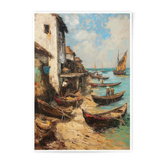 Coastal Village Photographic Print, Oil Painting Style, Boat Scene Print, Seaside Wall Art, Home Decor Print, Coastal Art Print - Tawshia