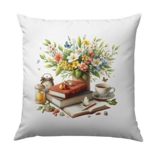 Floral Books Still Life Pillow, Cottagecore Home Decor, Aesthetic Room Decor, Butterfly Art, Gift for Book Lover, Cozy Reading Nook Pillow - Tawshia