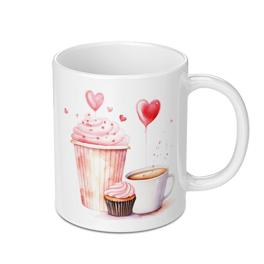 Cupcake Heart Mug, Coffee Cup Mug, Watercolor Mug, Valentine Mug, Pink Mug, Gift Mug, Cute Mug, Foodie Mug (130 characters) - Tawshia