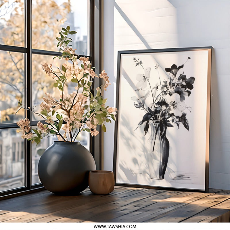 Floral Wall Art, Flower Vase Art, Monochrome Botanical Print, Elegant Home Decor, Stylish Wall Hanging, Artistic Gift Idea - Tawshia