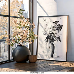 Floral Wall Art, Flower Vase Art, Monochrome Botanical Print, Elegant Home Decor, Stylish Wall Hanging, Artistic Gift Idea - Tawshia