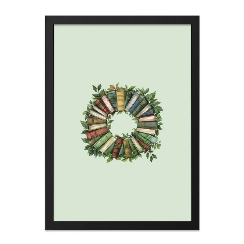 Book Wreath Wall Art, Literary Decor, Books and Leaves Art, Framed Wall Decor, Minimalist Book Lover Gift, Elegant Book Lover Print - Tawshia