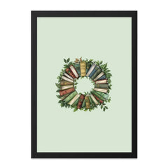 Book Wreath Wall Art, Literary Decor, Books and Leaves Art, Framed Wall Decor, Minimalist Book Lover Gift, Elegant Book Lover Print - Tawshia
