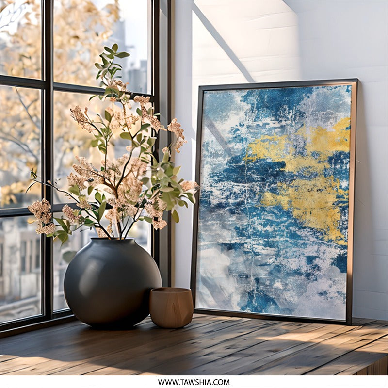 Abstract Blue and Gold Wall Art, Modern Art Print, Textured Wall Decor, Contemporary Home Decor, Living Room Art - Tawshia