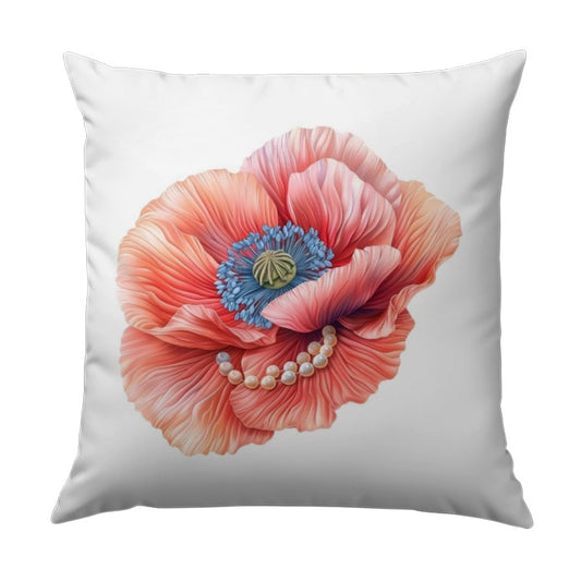 Coral Poppy Pillow, Floral Pillow, Elegant Pillow, Summer Decor, Pearl Accent Throw Pillow, Decorative Accent Pillow, Unique Pillow Gift - Tawshia