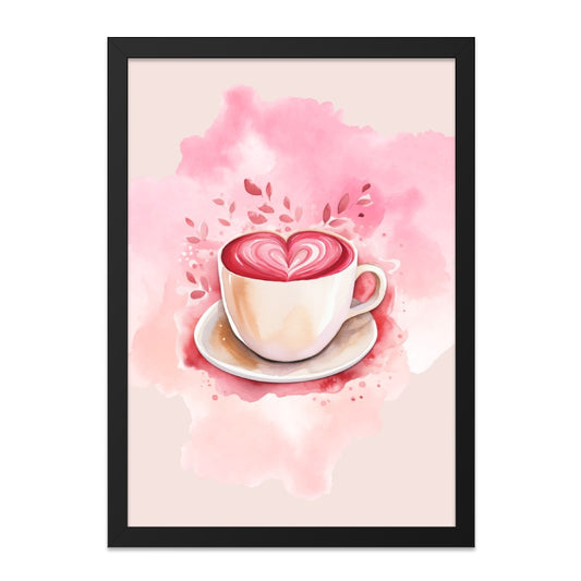 Pink Heart Latte Framed Wall Art, Coffee Cup Painting, Watercolor Artwork, Valentines Decor, Kitchen Art Print, Home Decor, Gift Idea - Tawshia