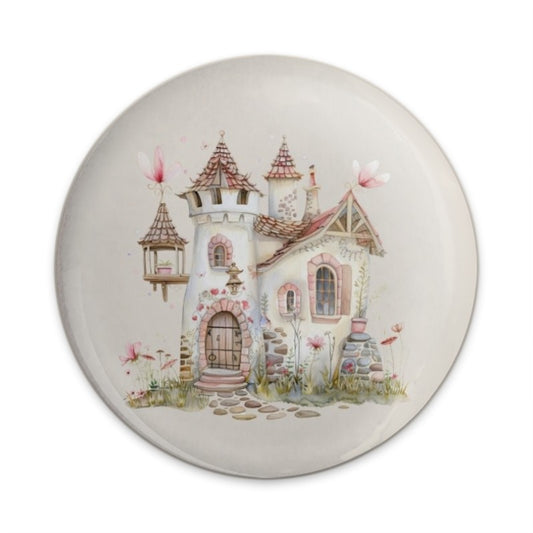 Fairy Tale Castle Pinback Button, Whimsical Home Badge, Pink Floral Decor, Magical Cottage Gift, Fantasy Illustration Button - Tawshia
