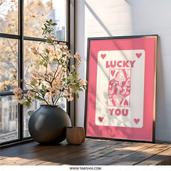 Lucky You Wall Art, Queen of Hearts Print, Valentine Wall Decor, Pink Playing Card Art, Unique Home Decor, Cute Prints for Bedroom - Tawshia
