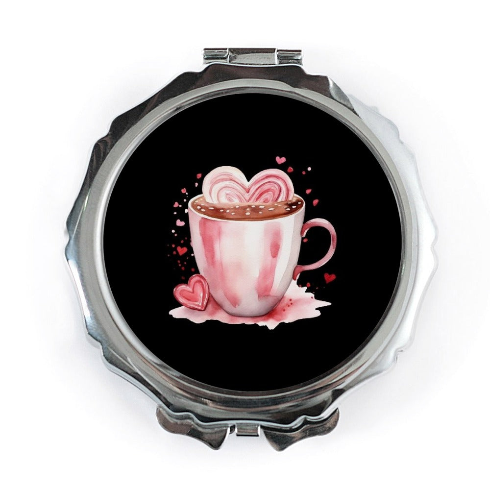 Heart Cocoa Pocket Mirror, Romantic Valentines Gift, Cute Coffee Cup Mirror, Love Mug Purse Mirror, Valentine Present, Bridesmaid Mirror - Tawshia