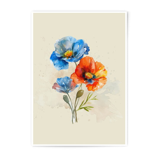 Watercolor Poppy Photographic Print, Floral Wall Art, Blue and Orange Flowers, Botanical Illustration, Fine Art Print, Home Decor - Tawshia