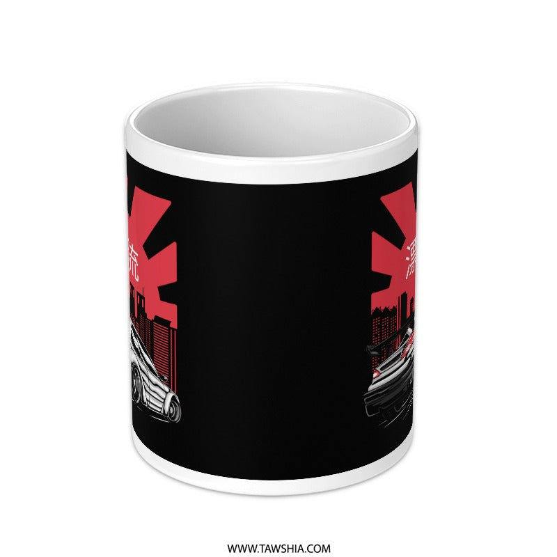 Red and White Skyline with Car Art Coffee Mug product
