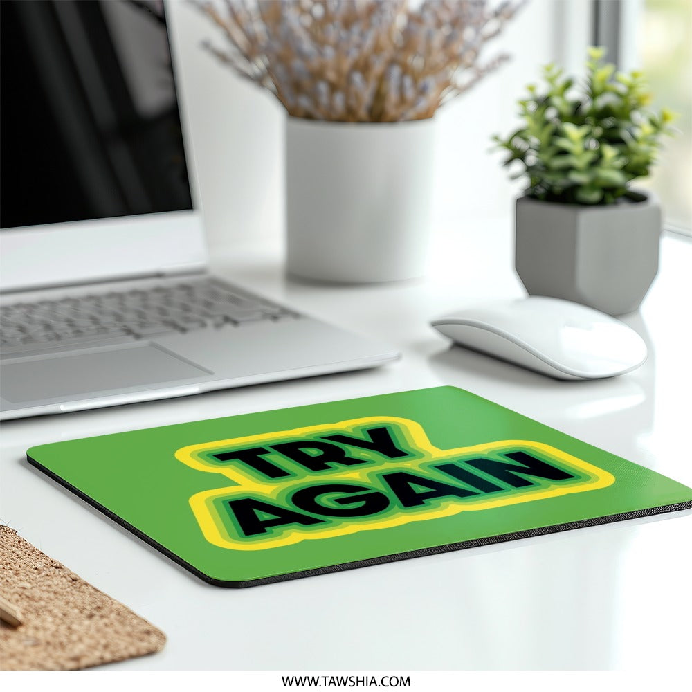 Try Again Mouse Pad, Motivational Quote Mousepad, Green Yellow Black Mouse Mat, Positive Message Desk Decor, Gaming Mouse Pad - Tawshia