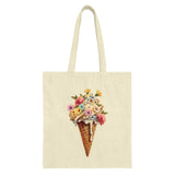 Floral Ice Cream Cone Tote Bag, Cute Summer Accessory, Unique Design Bag, Trendy Tote, Stylish Gift Idea, Artistic Print Tote - Tawshia