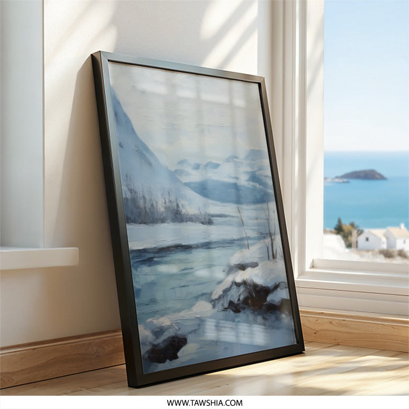 Winter Landscape Wall Art, Snowy Mountain Scene, Frozen River Painting, Scandinavian Inspired Artwork, Home Decor Print - Tawshia