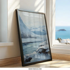 Winter Landscape Wall Art, Snowy Mountain Scene, Frozen River Painting, Scandinavian Inspired Artwork, Home Decor Print - Tawshia