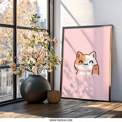Cute Cat Wall Art, Kawaii Cat Print, Waving Cat Art, Kitten Illustration, Nursery Decor, Kids Room Art, Pink Wall Art, Cartoon Cat - Tawshia
