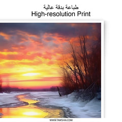 Winter Sunset River Photographic Print, Icy Landscape Art, Frozen River Photography, Nature Wall Decor, Warm Color Photo - Tawshia